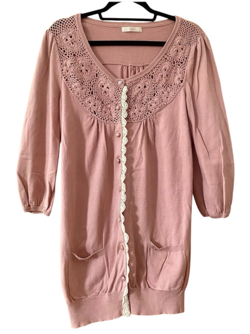 Roem Korea Dusty Pink Crochet Lace Long Cardigan Coquette Cotton S